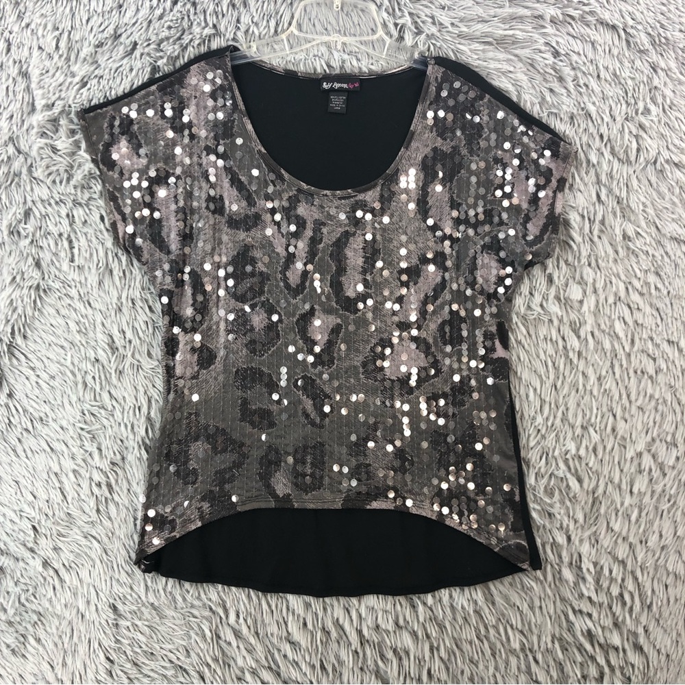 Self Esteem Blouse Womens Large Sequins Animal Print Gray Black Crew Neck Top